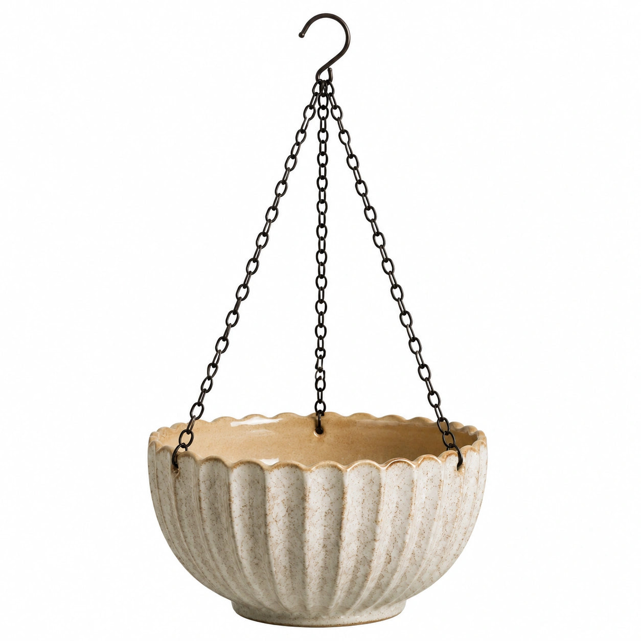 Vaso sospeso Ø25 cm in ceramica bianco crema con catene in metallo per piante