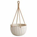 Vaso sospeso Ø 20 cm in ceramica bianco crema con corde intrecciate per piante