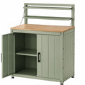 Banco da lavoro da giardino 100 x 55 x 160 cm in metallo verde con piano in legno e armadietto