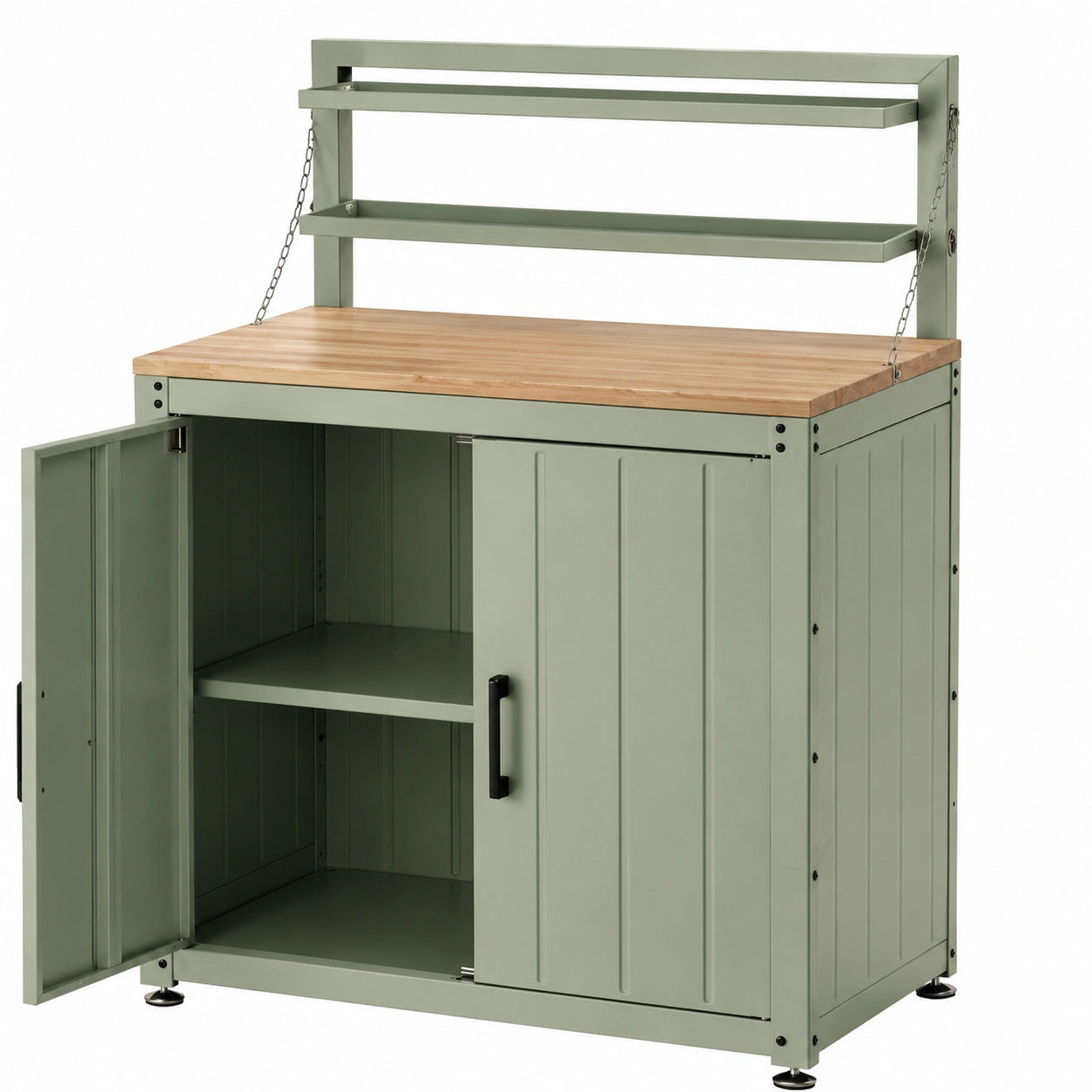 Banco da lavoro da giardino 100 x 55 x 160 cm in metallo verde con piano in legno e armadietto