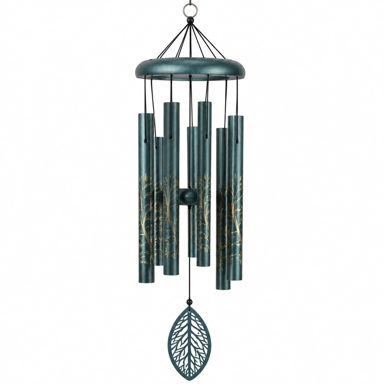 Campanella a vento in metallo 80 cm verde petrolio con decoro foglie per esterni