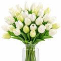 Bouquet di tulipani artificiali bianchi 60 cm con vaso in vetro decorativo