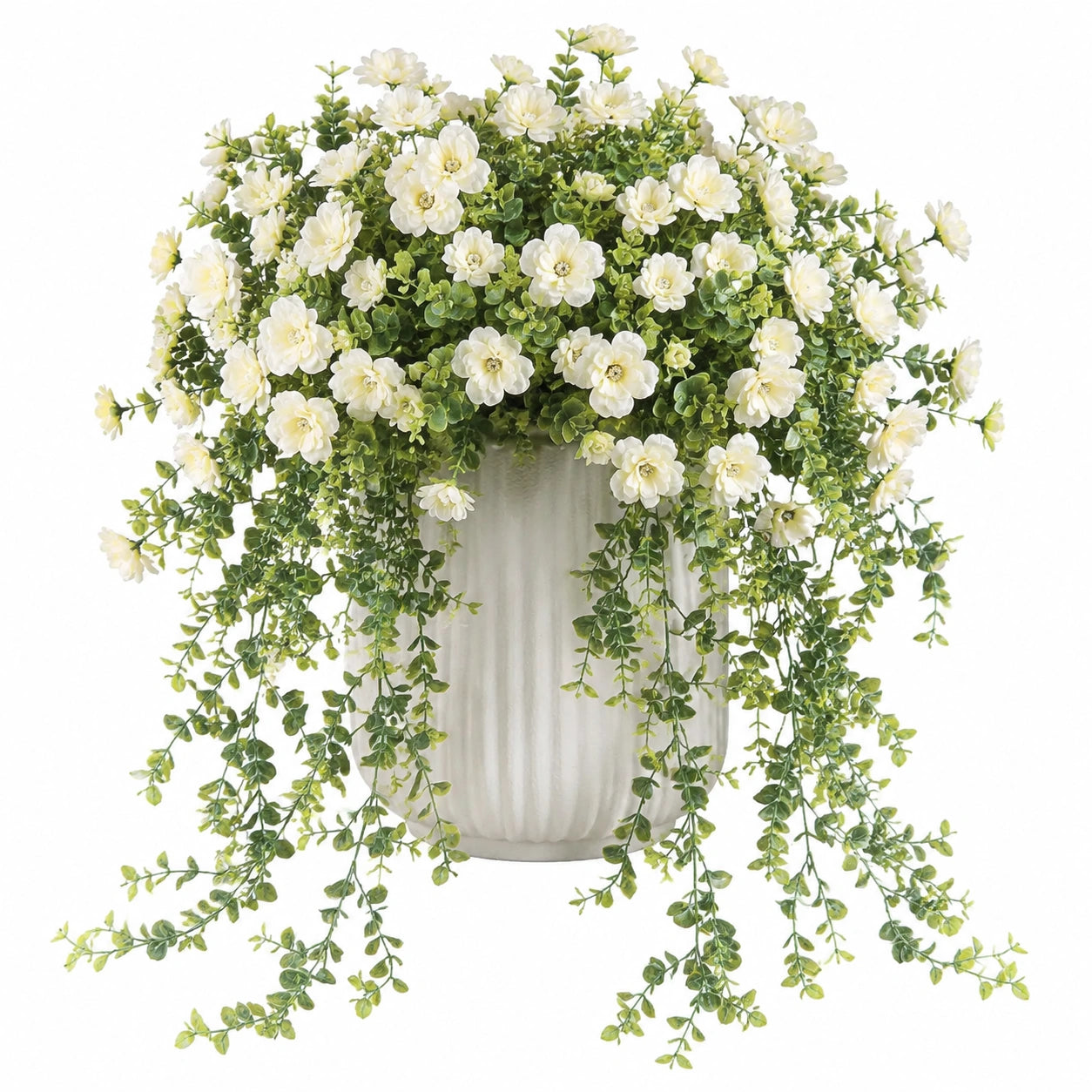 Pianta artificiale fiorita 65 cm in plastica bianco verde con vaso in ceramica decorativa
