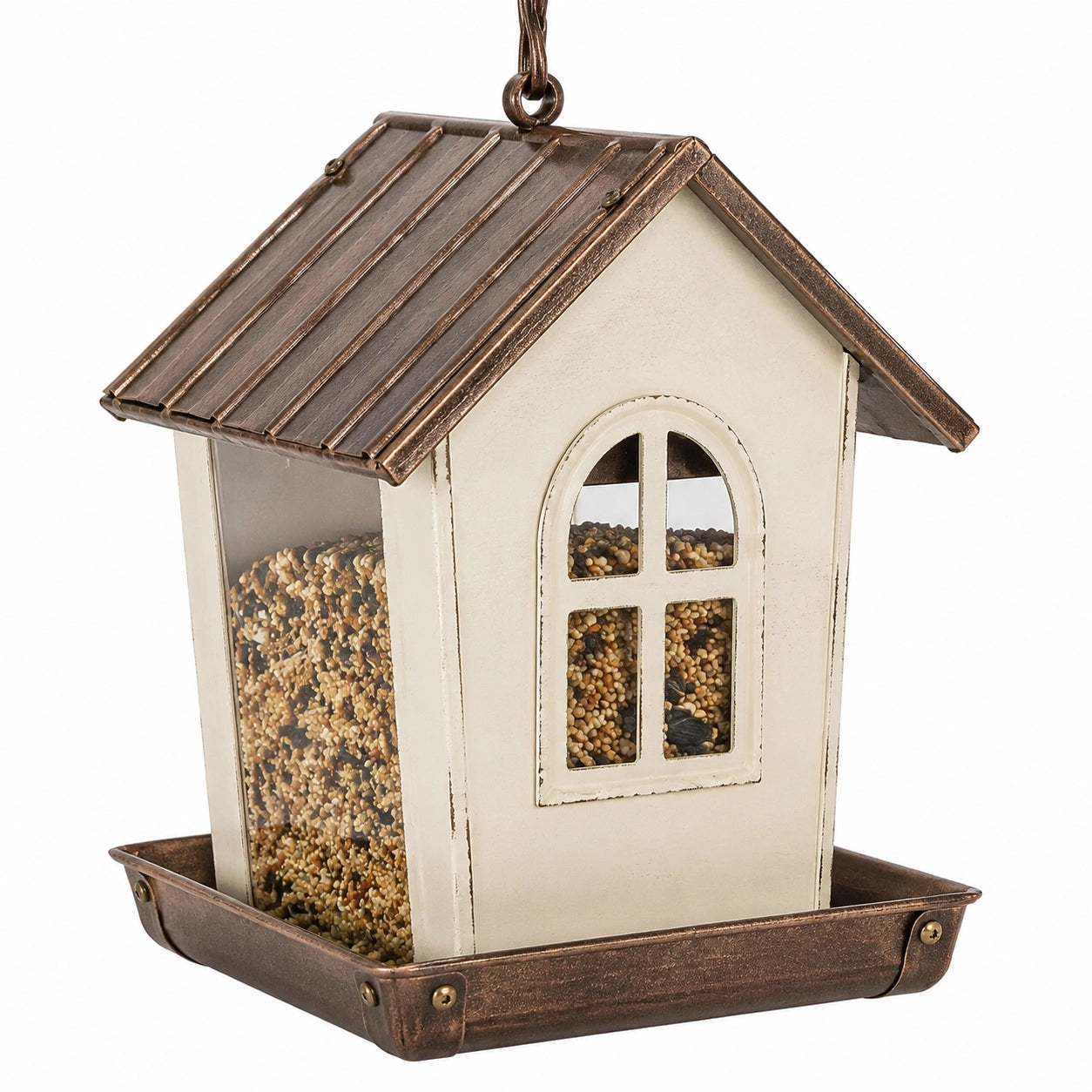 Mangiatoia per uccelli sospesa 20 x 18 x 28 cm in metallo e pannelli trasparenti beige e bronzo stile casetta
