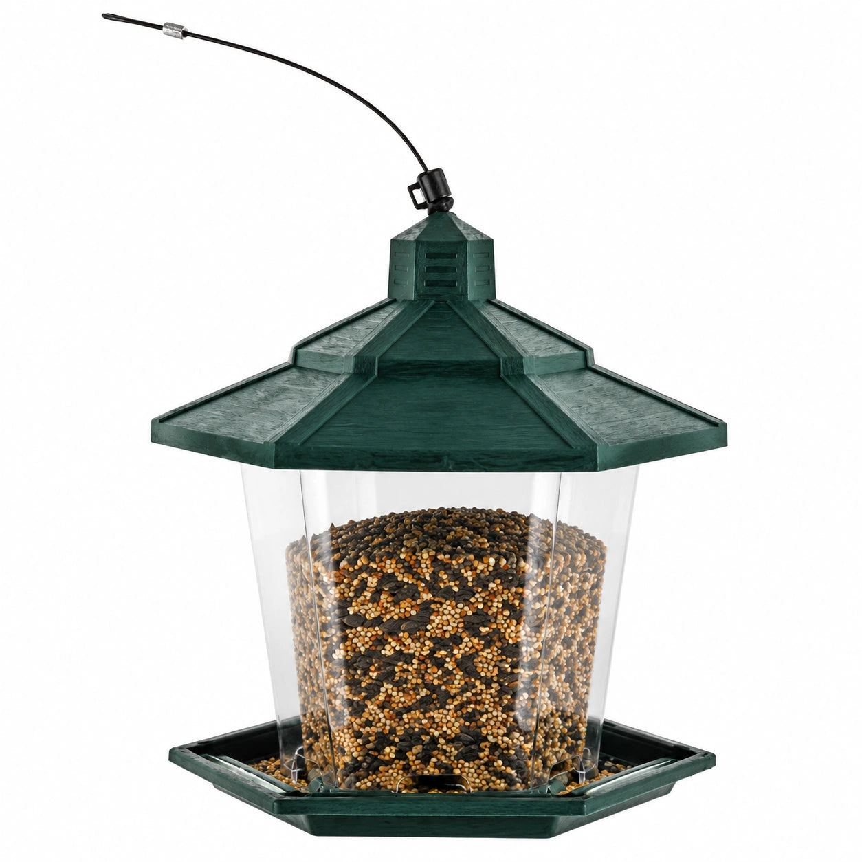 Mangiatoia per uccelli sospesa 20 x 20 x 25 cm in plastica verde scuro con serbatoio trasparente